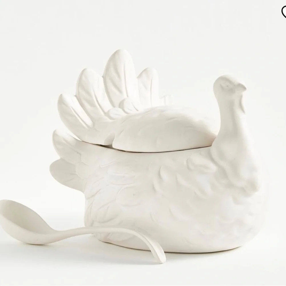 POTTERY BARN Thanksgiving Rustic Turkey Tureen w/ Ladle White & Beige NEW IN BOX